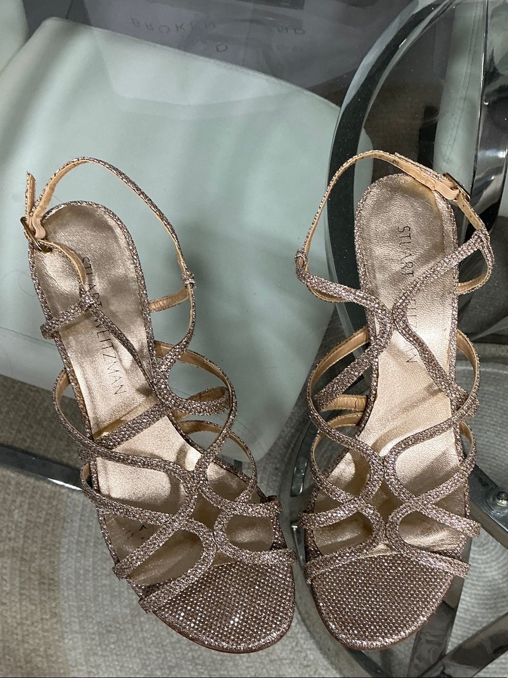 Stuart Weitzman Rose Gold Crystal Strappy Heels
